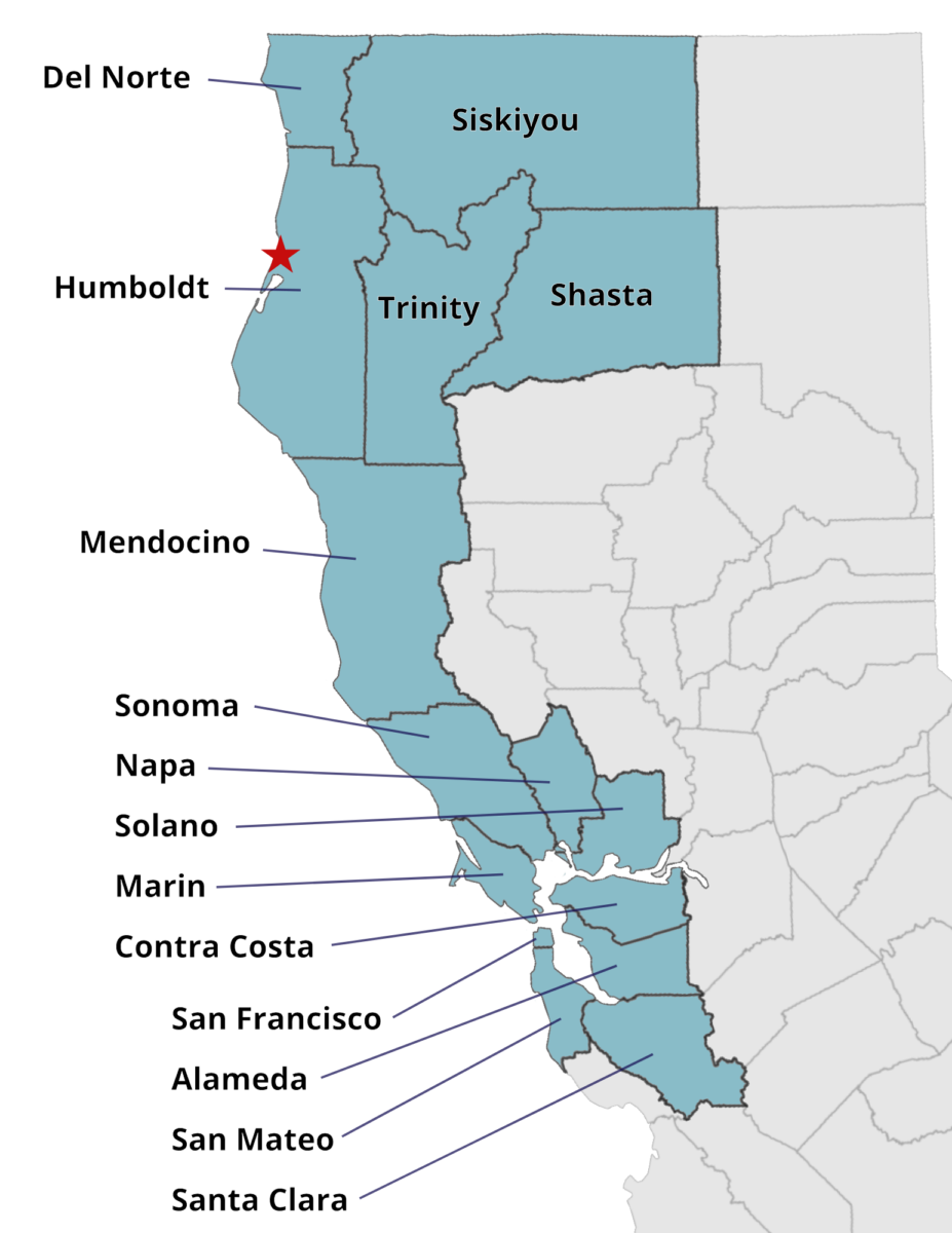 Service area includes the California counties of Del Norte, Humboldt, Shasta, Siskiyou, Trinity, Mendocino, Sonoma, Napa, Solano, Marin, Contra Costa, San Francisco, Alameda, San Mateo, and Santa Clara